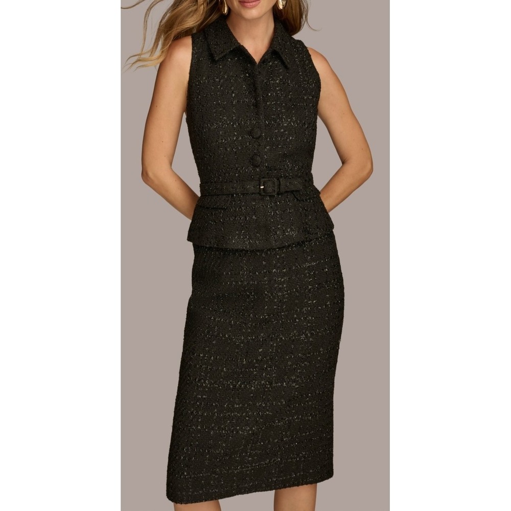 $199 Donna Karan New York‎ Women's 16 Belted Sleeveless Sheath Dress Black Tweed